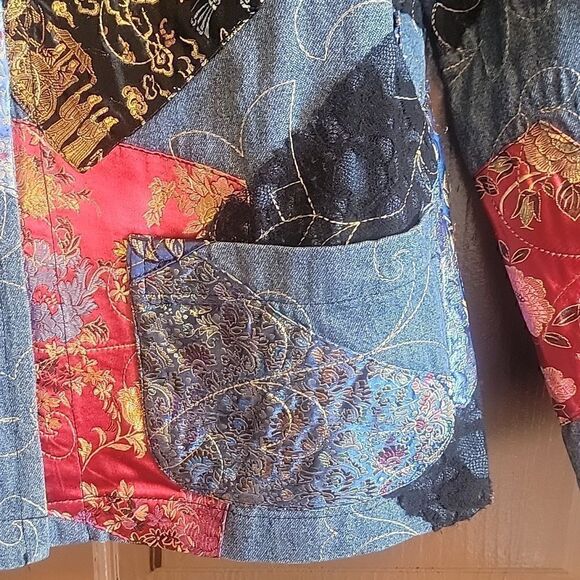 Chico's-Denim patched jacket with red & royal colors, buttoned down front S=6 . - Picture 7 of 10